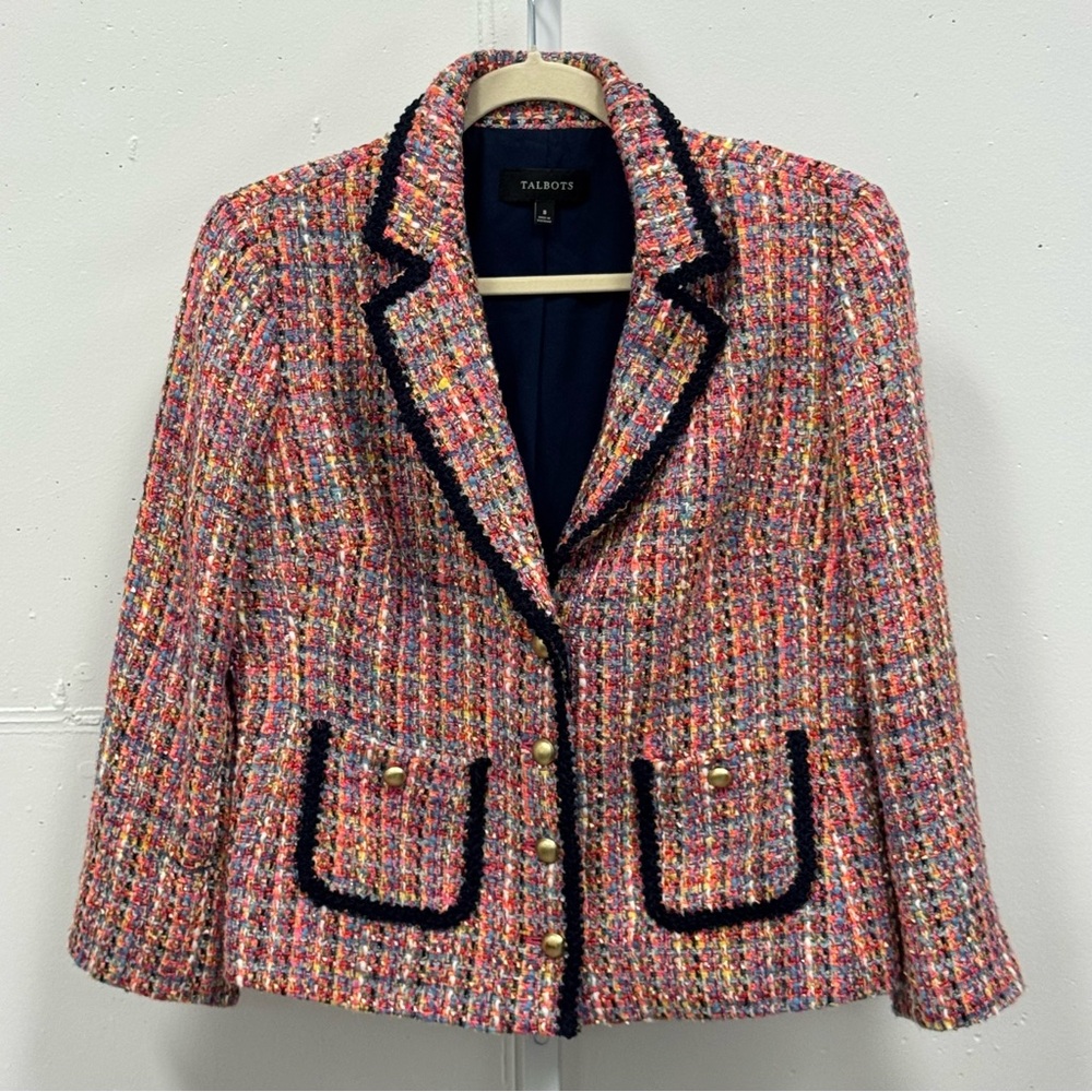 Talbots Women’s Milticolor Classic Tweed Button Blazer Jacket Pink Sz 8 Career
